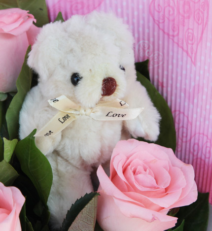 爱的天使：11朵顶级粉玫瑰花束+小熊