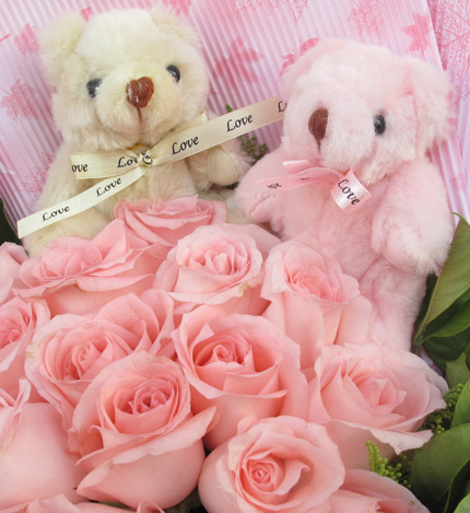 幸福相伴：16枝粉玫瑰，5寸小熊2只