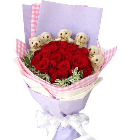 幸福环绕：25枝红玫瑰，6只五寸小熊