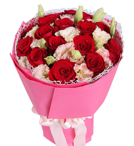爱你的季节：红玫瑰16枝，香槟色桔梗6枝