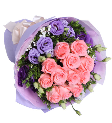 依靠：戴安娜粉玫瑰12枝，紫色桔梗5枝