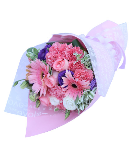 粉色童话：11枝粉色康乃馨，戴安娜粉玫瑰3枝，粉色扶郎3枝，紫色白色桔梗