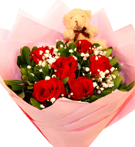 浪漫之梦：6朵红玫瑰+小熊