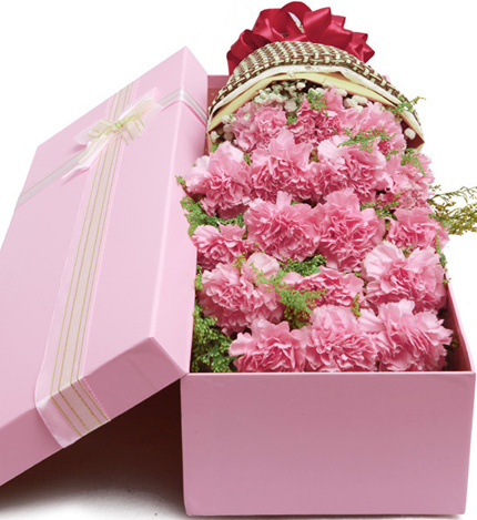 心在一起：19枝粉色康乃馨花盒包装